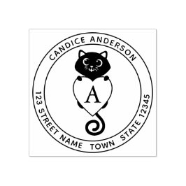 Carimbo De Borracha Gato Preto Cinto Com Monograma Cardíaco