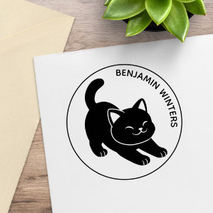 Carimbo De Borracha Gato Preto Esticado Texto Personalizado