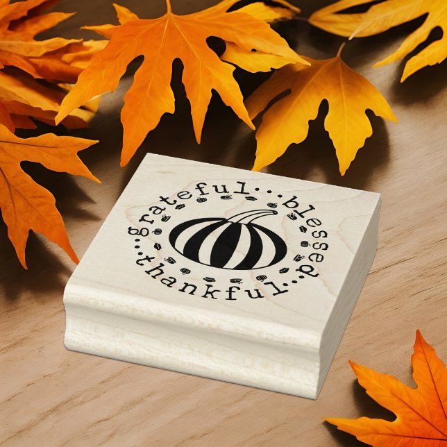 Carimbo De Borracha Grata Agradeço à abençoada Colheita de Abóbora (Thanksgiving harvest striped pumpkin grateful thankful blessed wood rubber stamp fall gourd theme)