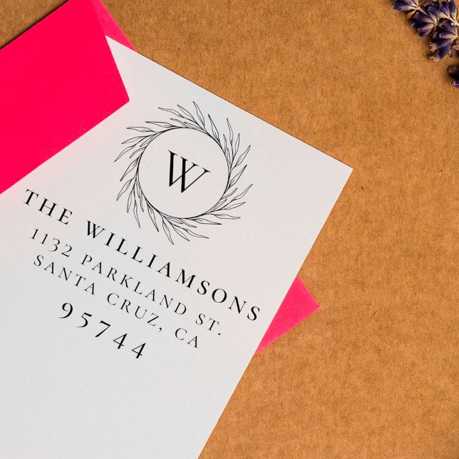 Carimbo De Borracha Greenery Wreath Monograma Endereço de devolução da (Criador carregado)