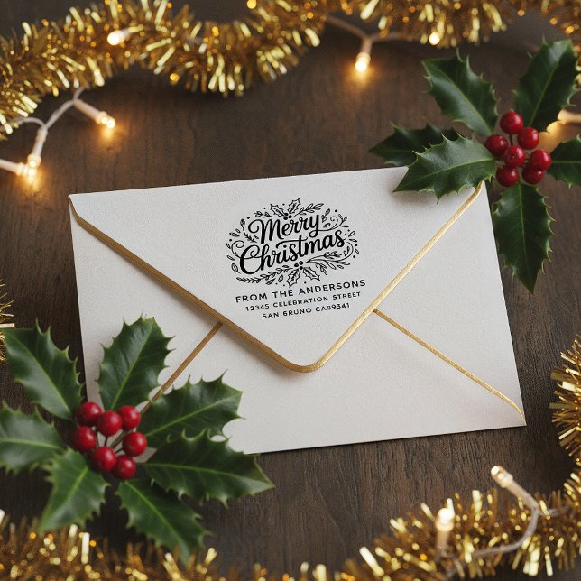 Carimbo De Borracha Holly Merry Christmas Family Name Endereço de devo (Criador carregado)