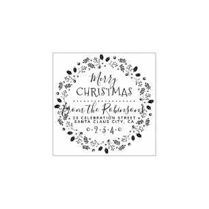 Carimbo De Borracha Holly & Pine Wreath Script Name & Return Address