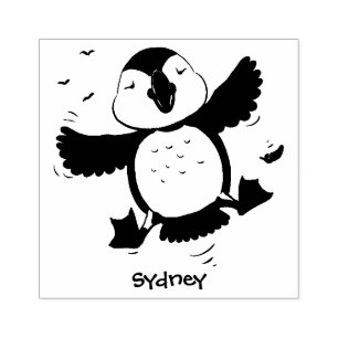 Carimbo De Borracha Imagem azul de desenho animado de puffin voador e 