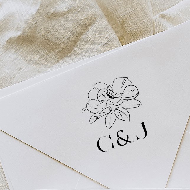 Carimbo De Borracha Iniciais Personalizados de Ilustração Branca da Ma (Beautiful Southern-inspired magnolia illustration wedding monogram rubber stamp.)