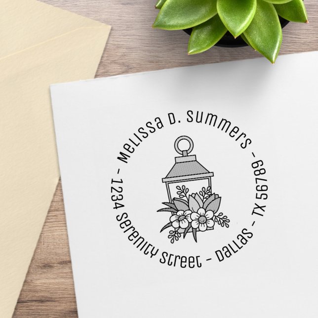 Carimbo De Borracha Jardim Lanterna Flores Arredondada Endereço 2 (Criador carregado)
