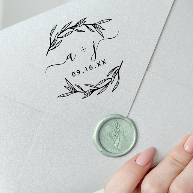 Carimbo De Borracha Laurel Leaf Casais Monograma Salvar Data (Laurel Leaf Script Couples Monogram Save The Date Rubber Stamp)