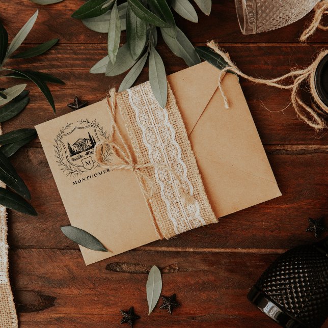 Carimbo De Borracha Laurel Shield Estate | Monograma de Casamento (Criador carregado)