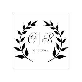 Carimbo De Borracha Laurel Wreath com Monograma e Data de Casamento