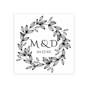 Carimbo De Borracha Leafy Wreath Monogramas Wedding