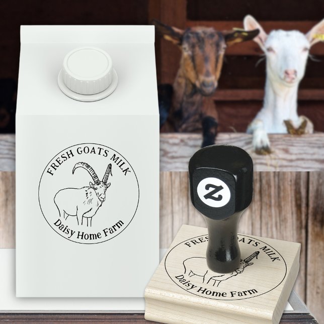 Carimbo De Borracha Leite de cabra Nome comercial Black and White (Goats milk custom ink rubber stamp with simple goat line drawing and business name)