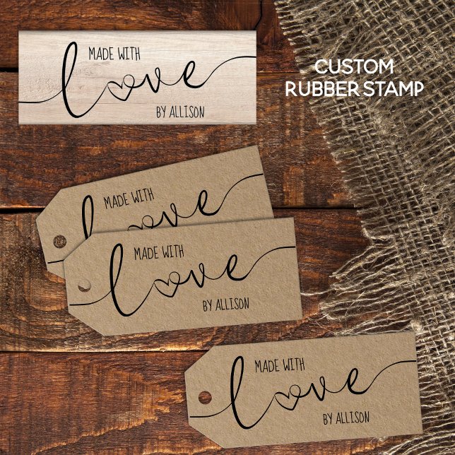 Carimbo De Borracha Letra de Script Personalizada Feita Com Amor (Personalized "Made With Love" rubber stamp for your homemade, hand-made gifts and products.)