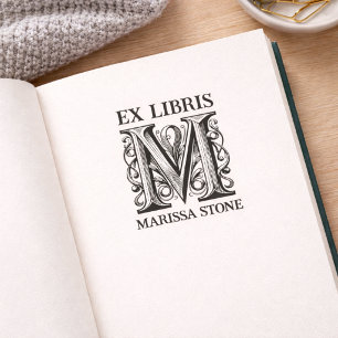 Carimbo De Borracha Letra M Monograma Ornado Vintage Livro Ex Libris