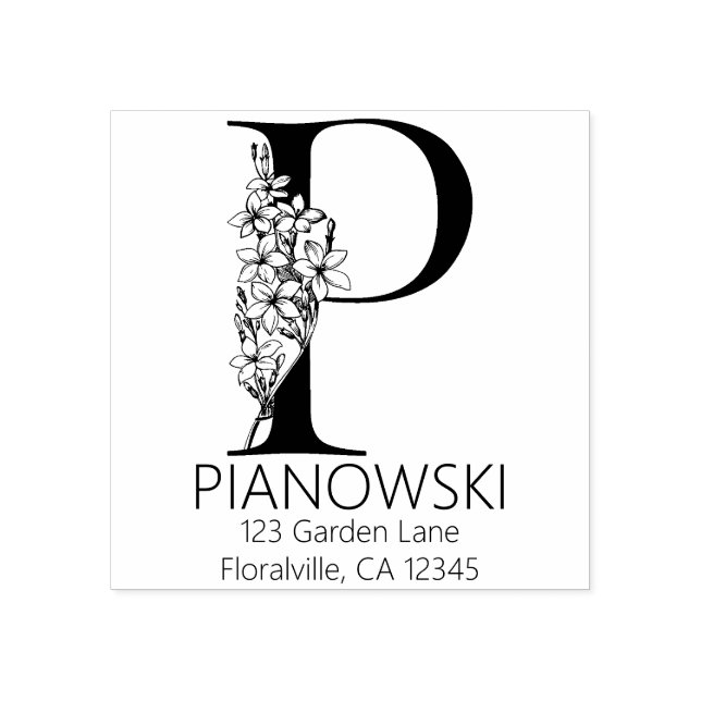 Carimbo De Borracha Letra principal floral - P - monograma do endereço (Impressão)