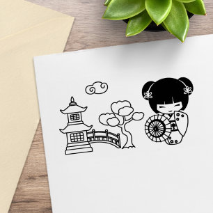 Carimbo De Borracha Menina Geisha Asiática com Guarda-Chuva em Quimono