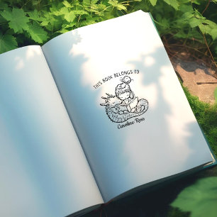 Carimbo De Borracha Menina Personalizada Lendo com Ex-Libris de Dragão