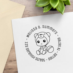 Carimbo De Borracha Menino Bebê Menina Urso Macacão Endereço Redondo 2