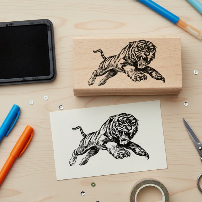 Carimbo De Borracha Mighty Tiger Wooden Art Stamp (Mighty roaring tiger wooden art stamp.)