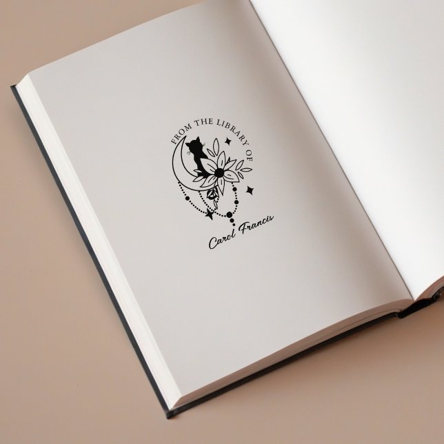 Carimbo De Borracha Místico Luar Personalizado com Gato Da Biblioteca  (Criador carregado)