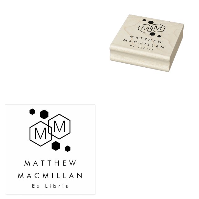 Carimbo De Borracha Modern geometric hexagons monogram library book (Carimbado)