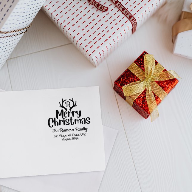 Carimbo De Borracha Moderno Monograma Feliz Família de Natal (Criador carregado)