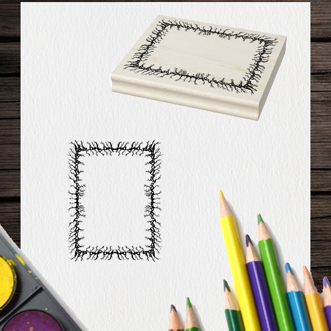 Carimbo De Borracha Moldura Assustadora de Galhos Farpados para Artesa (Frame made of spooky barbed black branches on Halloween craft rubber stamp.)