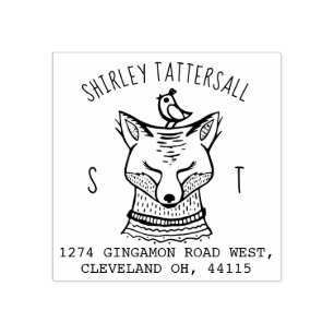 Carimbo De Borracha Monograma animal bonito do Fox & endereço do