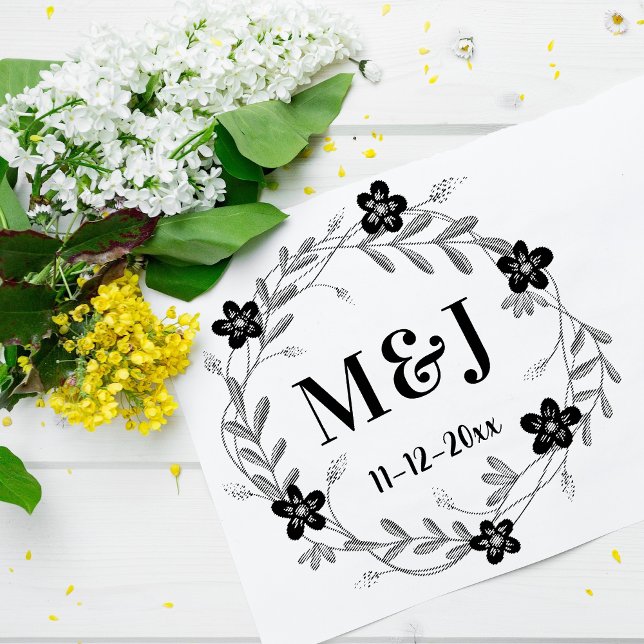 Carimbo De Borracha Monogramas de Flores Bonitas e Data Casamento Pers (Criador carregado)