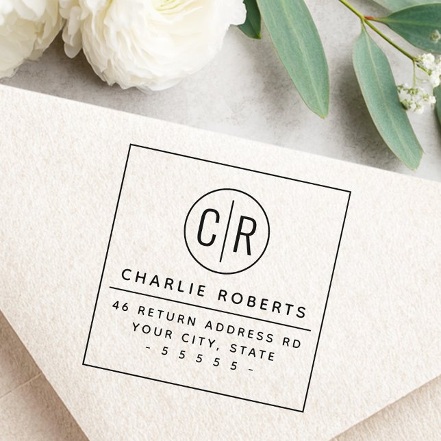 Carimbo De Borracha Monogramas iniciais endereço de retorno mínimo mod (Monogram initials modern minimal return address rubber stamp)