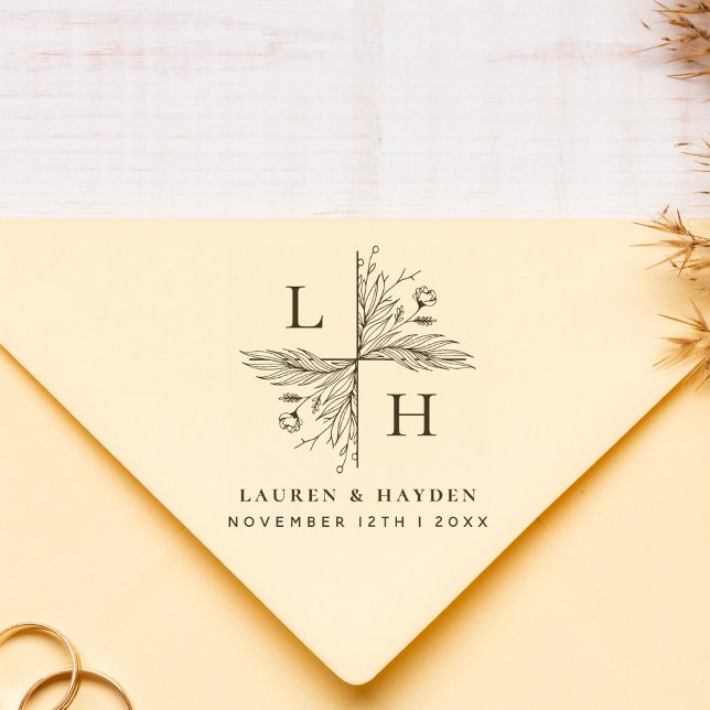 Carimbo De Borracha Monogramas modernos | Elegante Floral Salvar A Dat (Criador carregado)