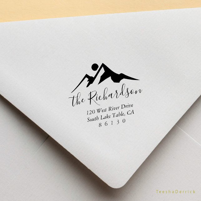 Carimbo De Borracha Montanha esboço Sunrise Endereço de Devolução (Modern Rustic Mountain Sketch Return Address Rubber Stamp Sun Sunrise Sunset)