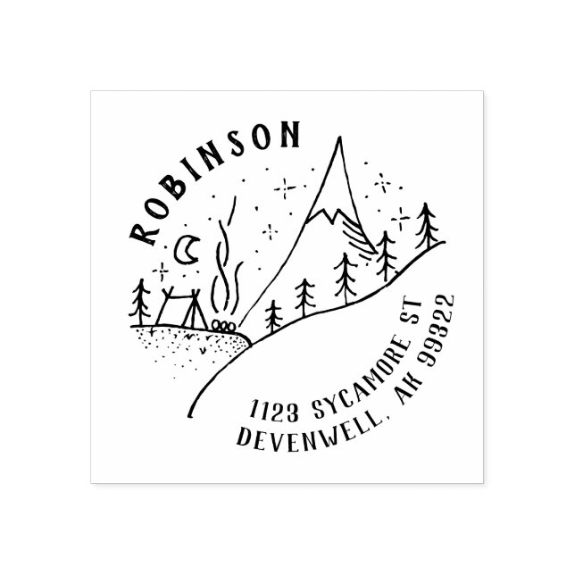 Carimbo De Borracha Mountain Campfire & Starry Night Sketch Endereço (Impressão)