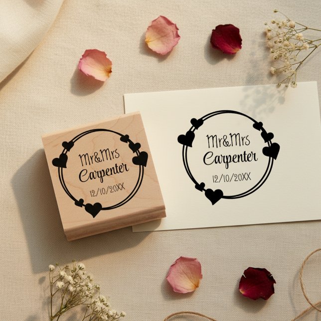 Carimbo De Borracha Mr&Mrs Names and Wedding Date Romantic Stamp (Romantic wedding stamp with hearts. 💕)