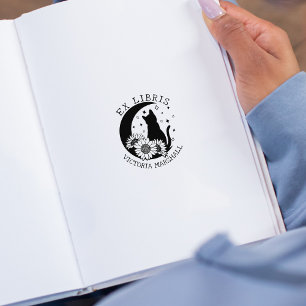 Carimbo De Borracha Mystic Moon Cat. com girassóis, ex Libris Book
