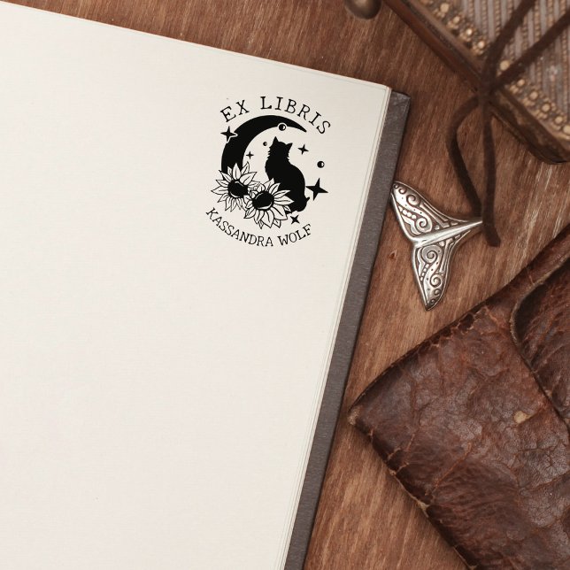 Carimbo De Borracha Mystic Moon Cat. com girassóis, ex Libris Book (Criador carregado)