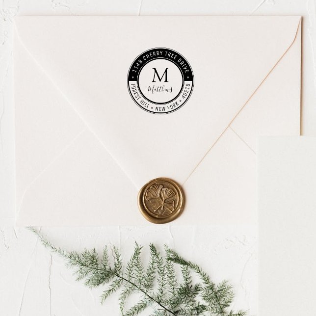 Carimbo De Borracha Na moda Personalizar Sobrenome do Monograma e Ende (Criador carregado)