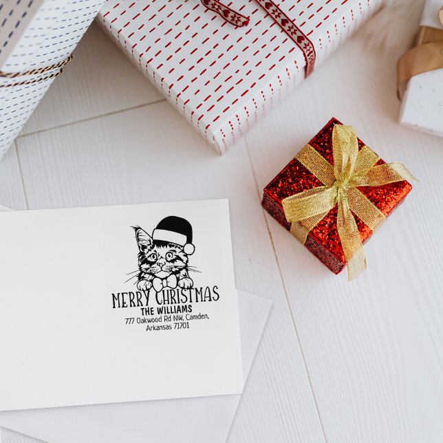 Carimbo De Borracha Natal Maine Coon Cat Endereço para devolução (Criador carregado)