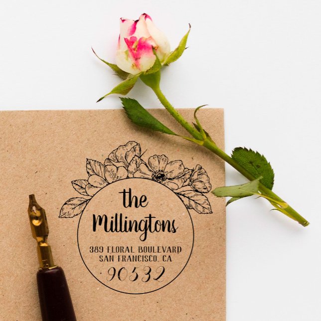 Carimbo De Borracha Nome da família Floral desenhada à mão e Endereço  (Criador carregado)