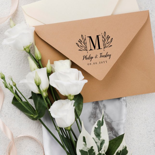 Carimbo De Borracha Nomes e data de casamento do monograma verde legan (Criador carregado)