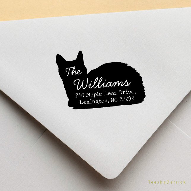 Carimbo De Borracha Nosso Novo Anúncio da Casa - Endereço de Devolução (Cute Cat silhouette, Our New House Address Announcement Modern Rustic Round Rubber Stamp)