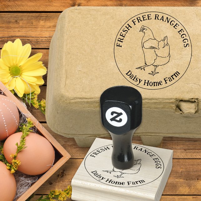 Carimbo De Borracha ovos de galinha personalizados desenhados à mão (Fresh free range chicken eggs box ink stamp simple hen line drawing and personalized business name)