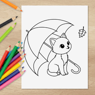 Carimbo De Borracha Página para Colorir Gato Fofo sob Guarda-chuva