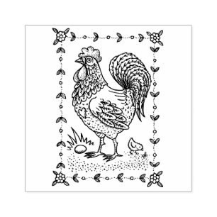CARIMBO DE BORRACHA PAÍS ROOSTER, OVOS E PINTINHO FOLK ART BORDER
