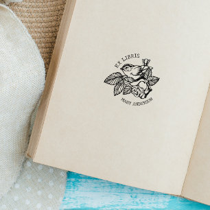 Carimbo De Borracha Pássaro Elegante com Livro Flor Ex Libris
