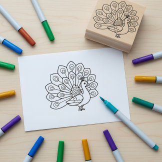 Carimbo De Borracha Peacock Coloring Book Outline Wooden Art Stamp