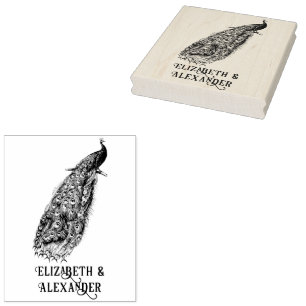 Carimbo De Borracha Peacock Elegante em um Nome de Casal de Ramificaçã