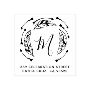 Carimbo De Borracha Penas de Boho & setas inicial & endereço do