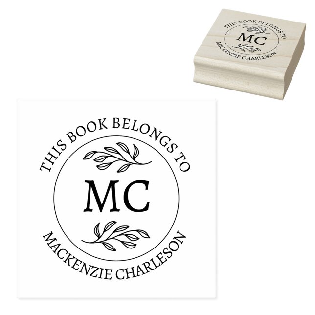 Carimbo De Borracha Personalized Monogram This Book Belongs To (Botanical Leaf classical monogram initial personalized Ex Libris from the library of rubber stamp)