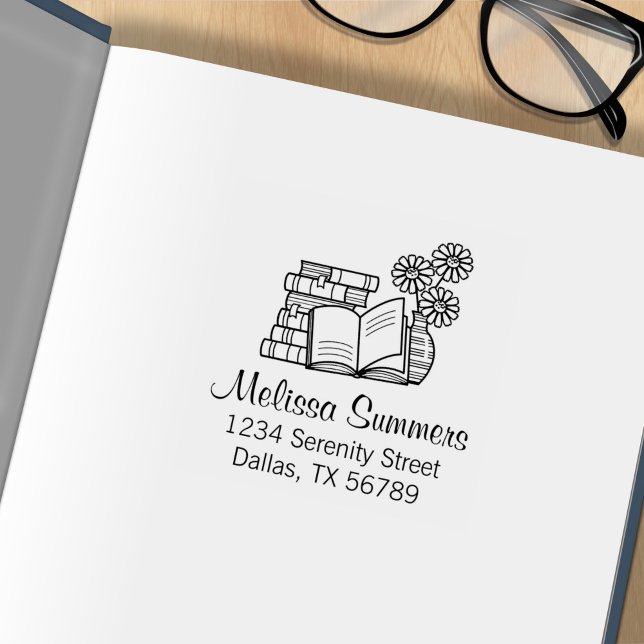 Carimbo De Borracha Pilha de Livros, Livro Aberto, Flores Endereço (Criador carregado)