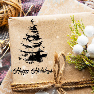 Carimbo De Borracha Pine Tree com Snow Script Feliz Natal