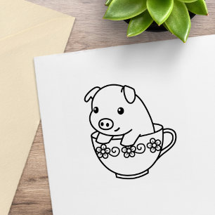 Carimbo De Borracha Porco de Leitão Bonito num Teacup